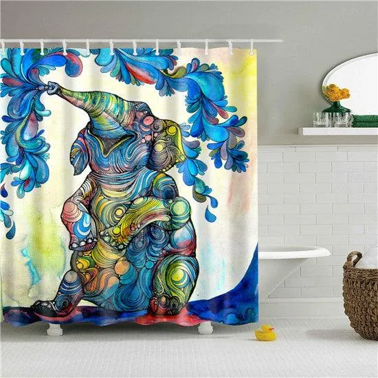 3D Printed Elephant Waterproof Shower Curtain Set