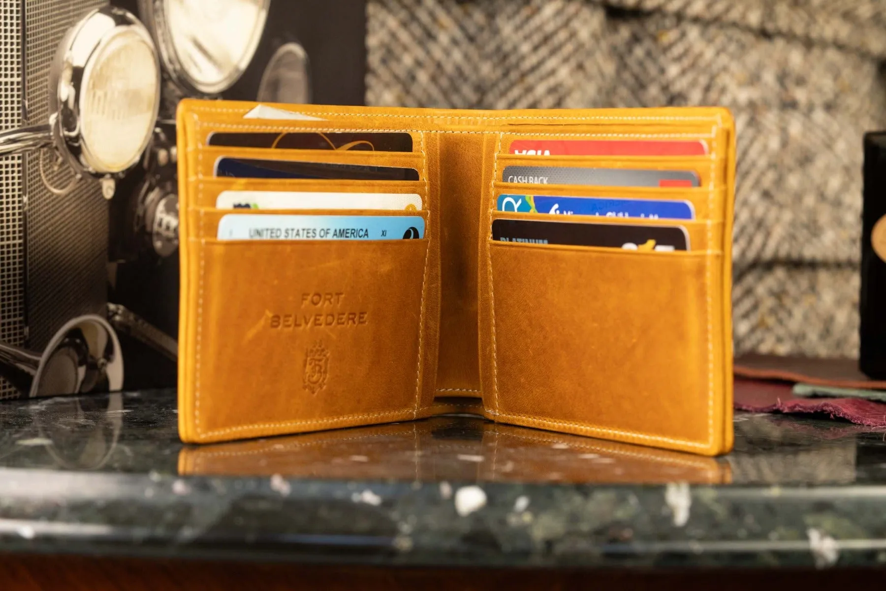 8 Card Classic Bifold Wallet in Vintage Gold Full-Grain Americana Leather