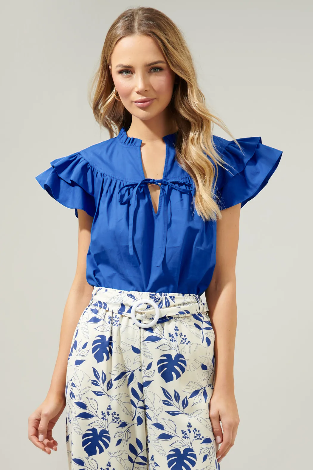 Anya Poplin Ruffle Tie Front Blouse