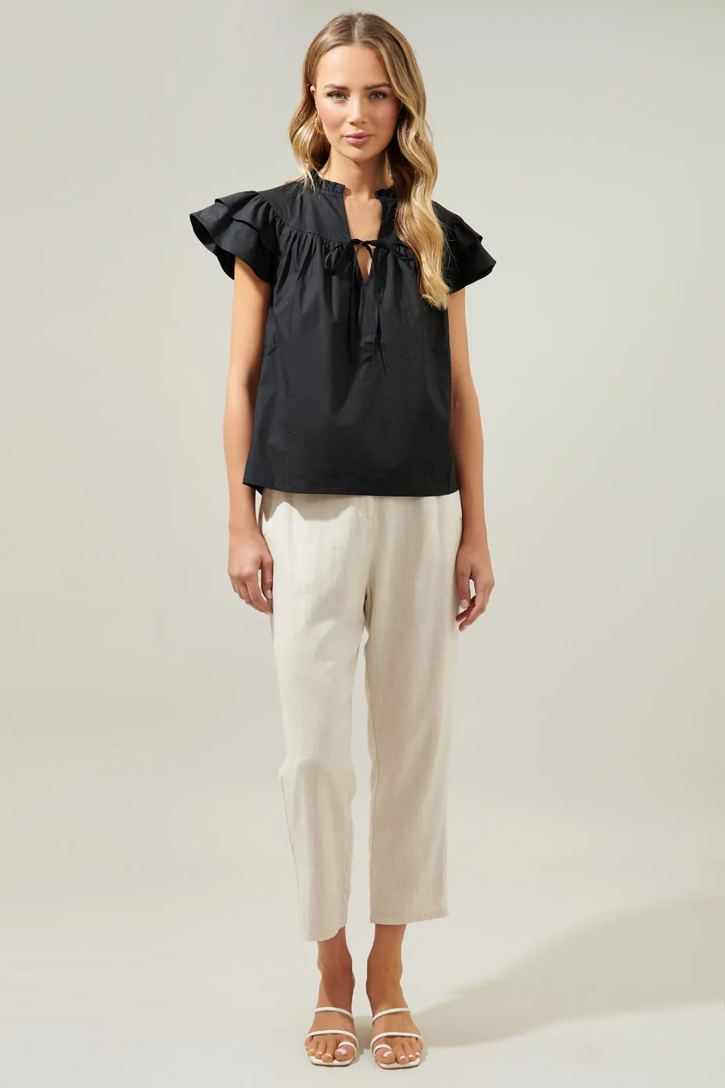 Anya Poplin Ruffle Tie Front Blouse