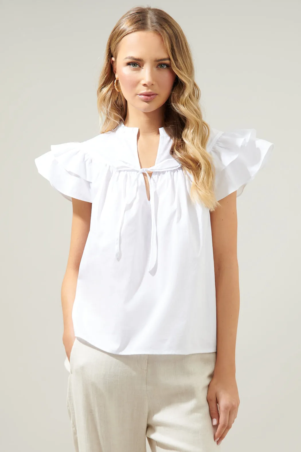 Anya Poplin Ruffle Tie Front Blouse