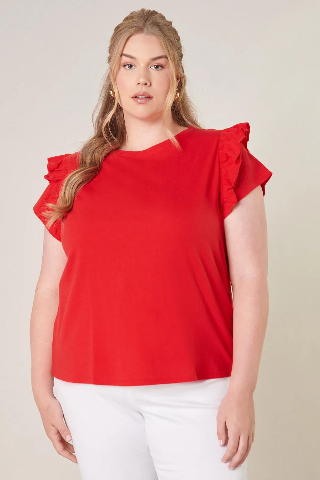 Brooke Ruffle Shoulder Cotton Knit Top Curve