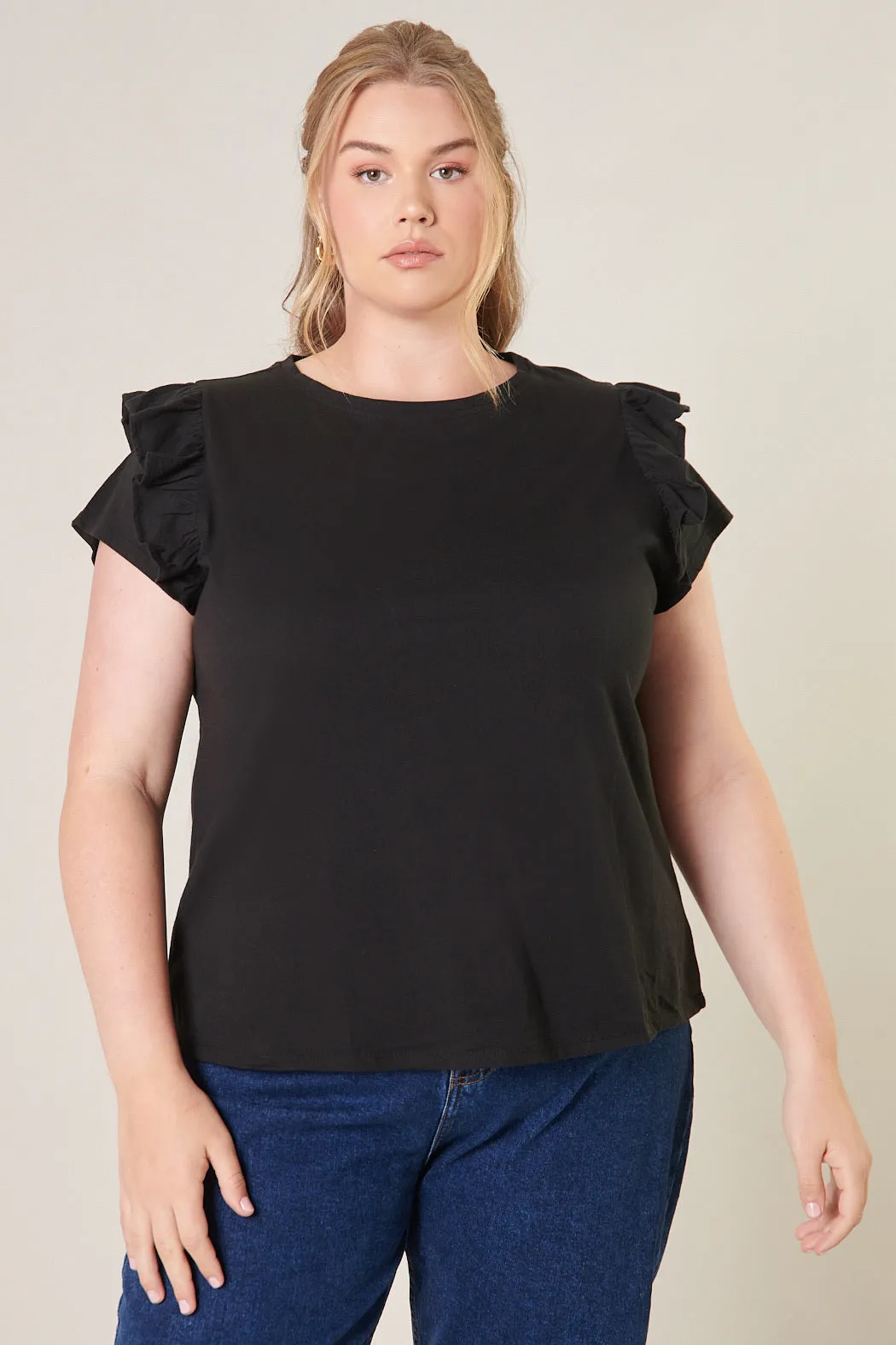 Brooke Ruffle Shoulder Cotton Knit Top Curve