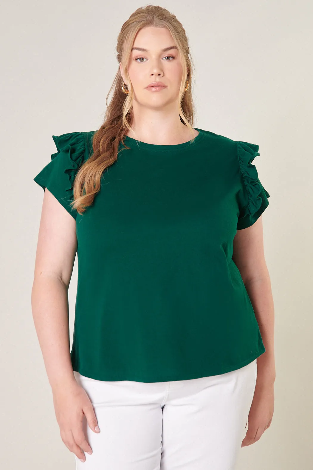 Brooke Ruffle Shoulder Cotton Knit Top Curve