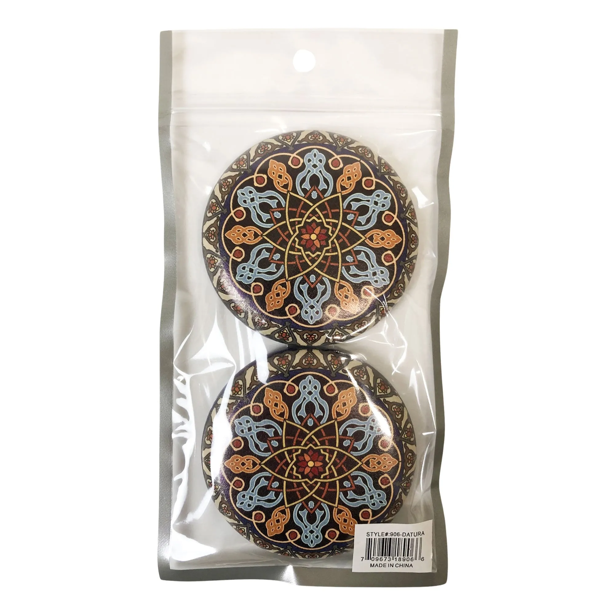 CLEARANCE COSMETIC MIRRORS KALEIDOSCOPE PRINTS (CASE OF 48 - $1.50 / PIECE)  Wholesale Round Cosmetic Mirrors in Assorted Prints SKU: 906-DATURA-48