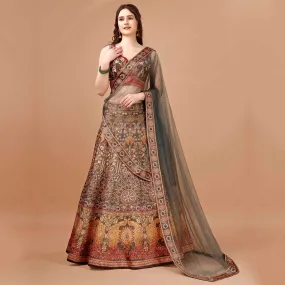 Dark Grey Dancing Peacock Print Lehenga Set