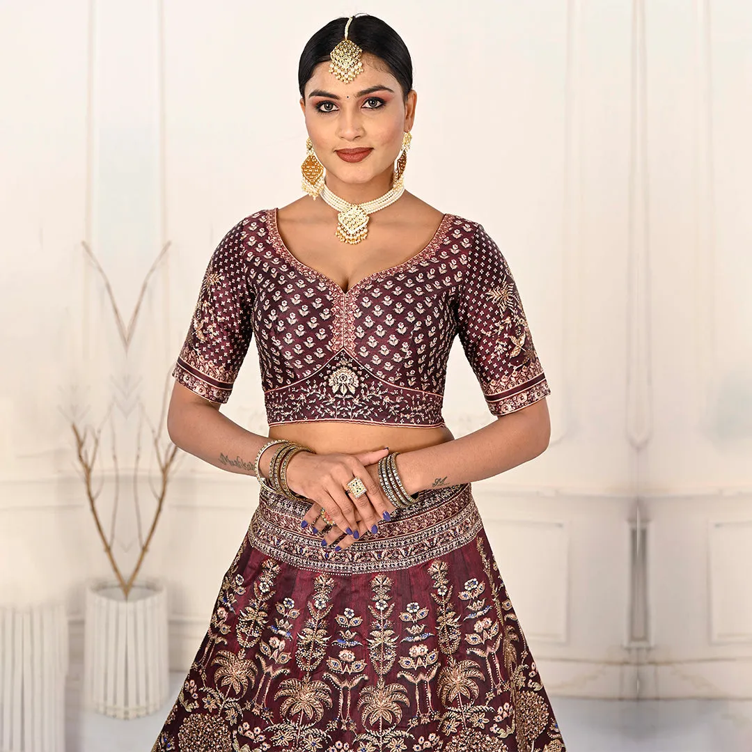 Dark Maroon Lehenga Set with Beige Dupatta