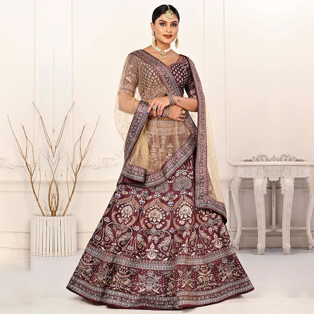 Dark Maroon Lehenga Set with Beige Dupatta