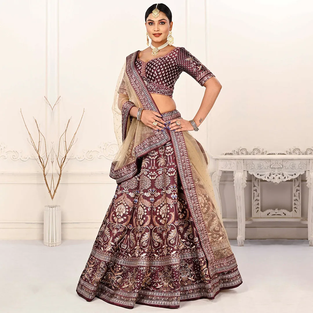 Dark Maroon Lehenga Set with Beige Dupatta