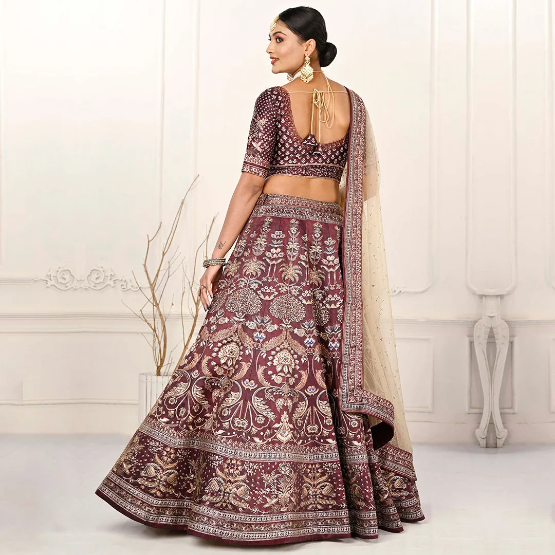 Dark Maroon Lehenga Set with Beige Dupatta