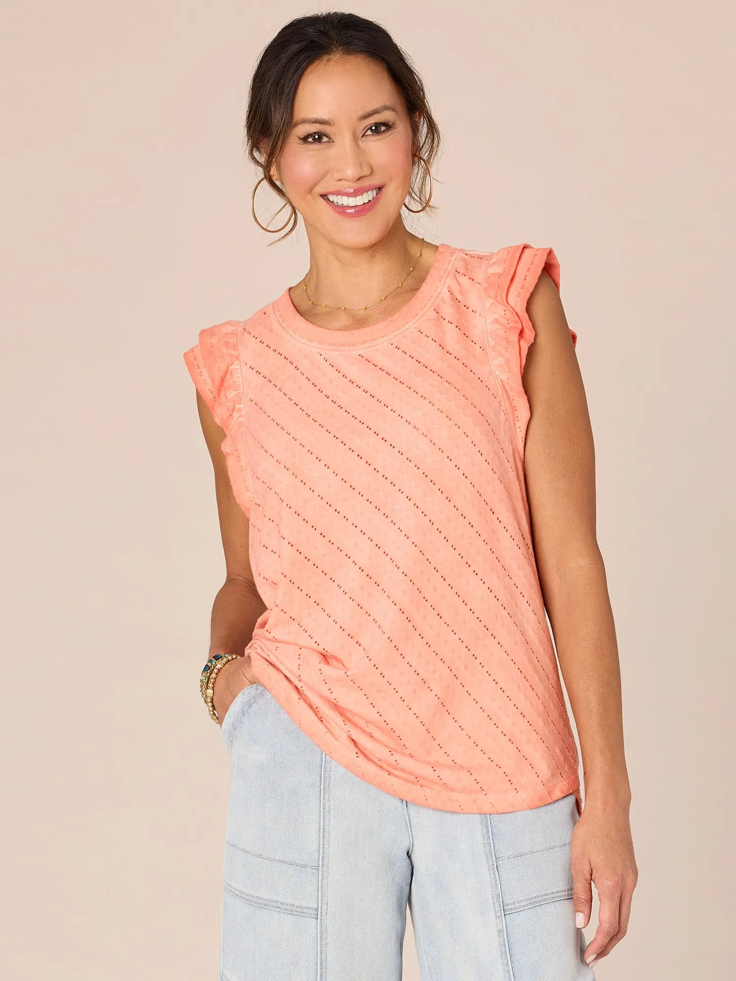 Double Ruffle Cap Sleeve Crew Neck Mineral Wash Knit Top