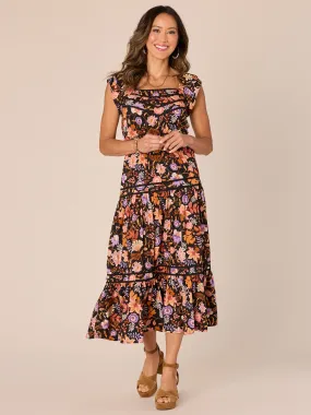 Double Ruffle Cap Sleeve Square Neck Floral Print Woven Dress