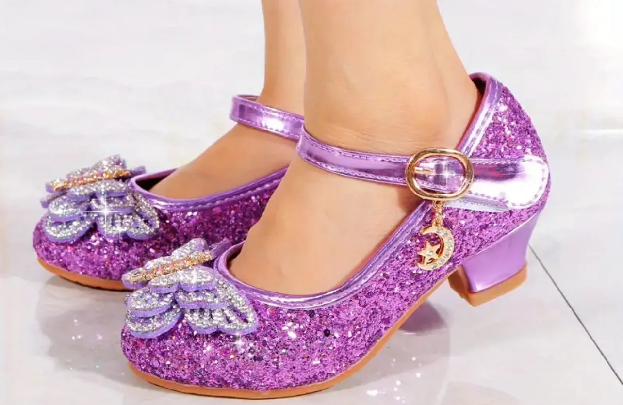 “Elegant Butterflies” Rhinestone Sequin High Heel Shoes For Girls