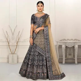 Intense Grey Embellished Lehenga Set with Beige Net Dupatta