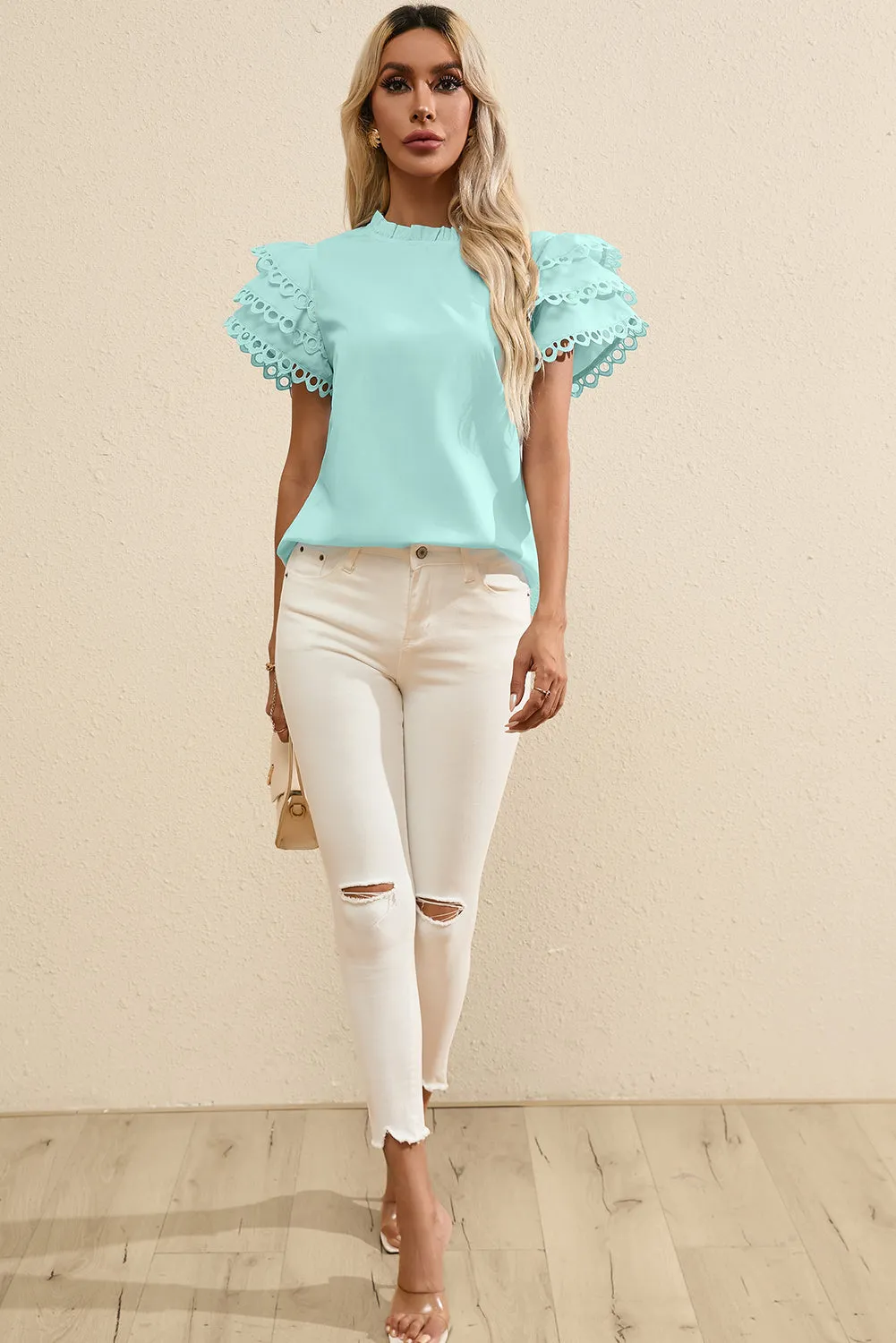 Layered Ric Rac Cap Sleeve Filled Neck Blouse