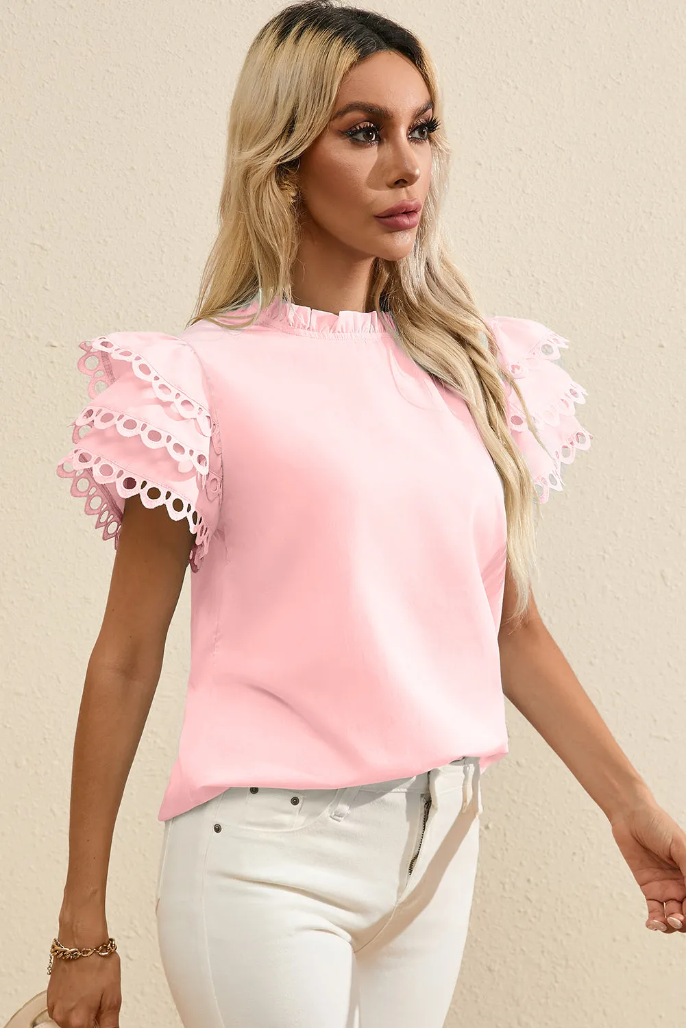 Layered Ric Rac Cap Sleeve Filled Neck Blouse