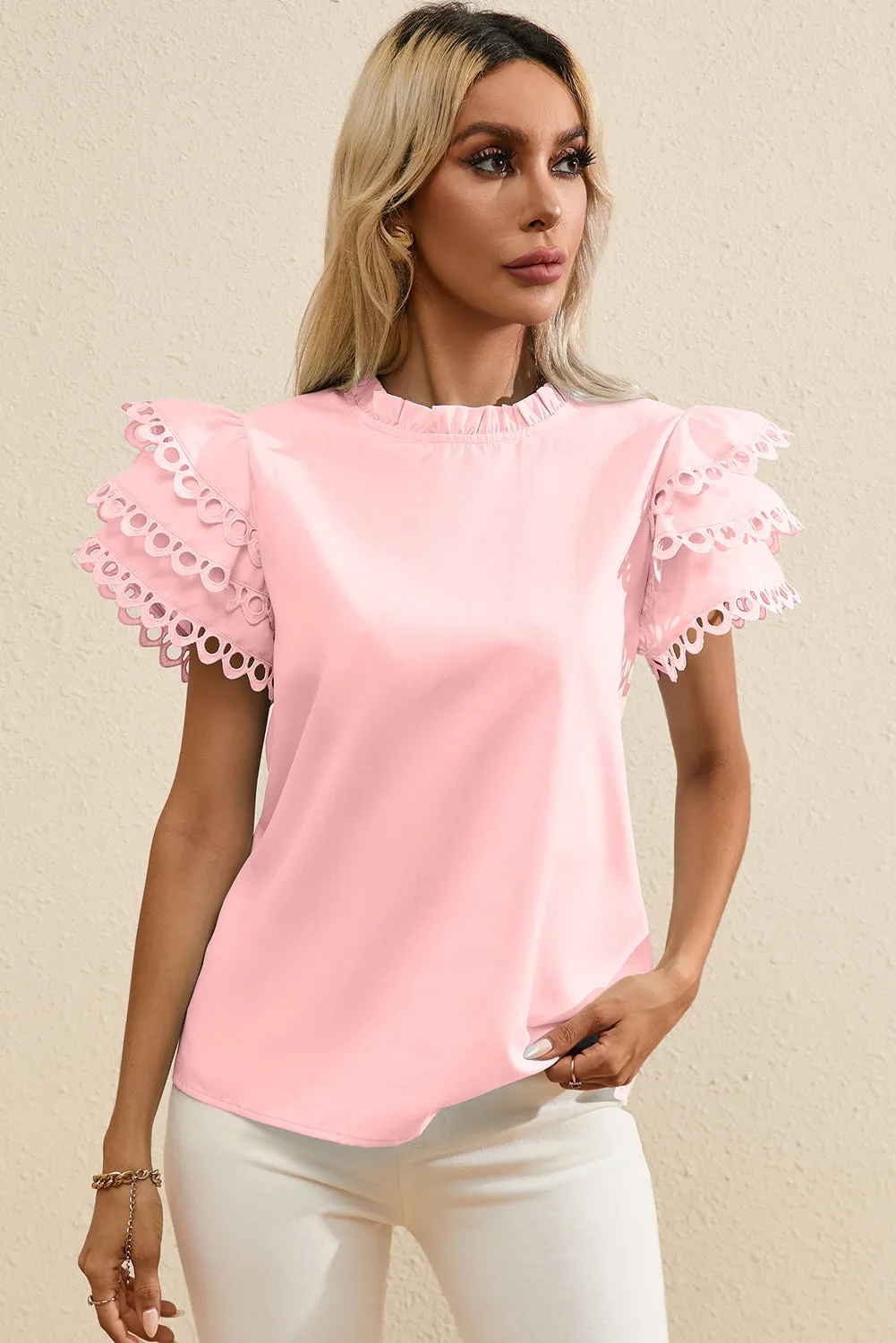 Layered Ric Rac Cap Sleeve Filled Neck Blouse