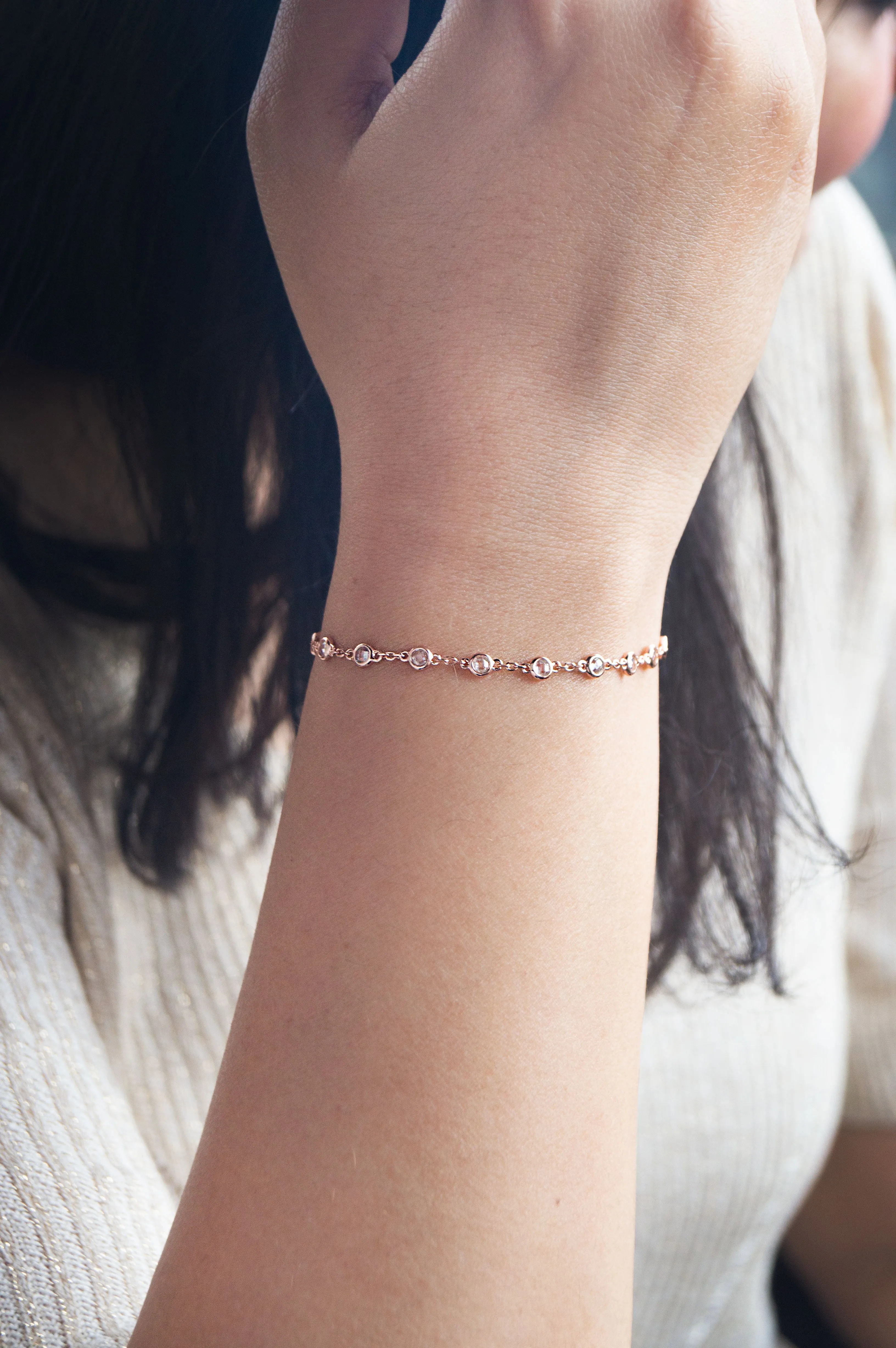 Stationed Shine Rose Gold Plated Sterling Silver Adjustable Bracelet