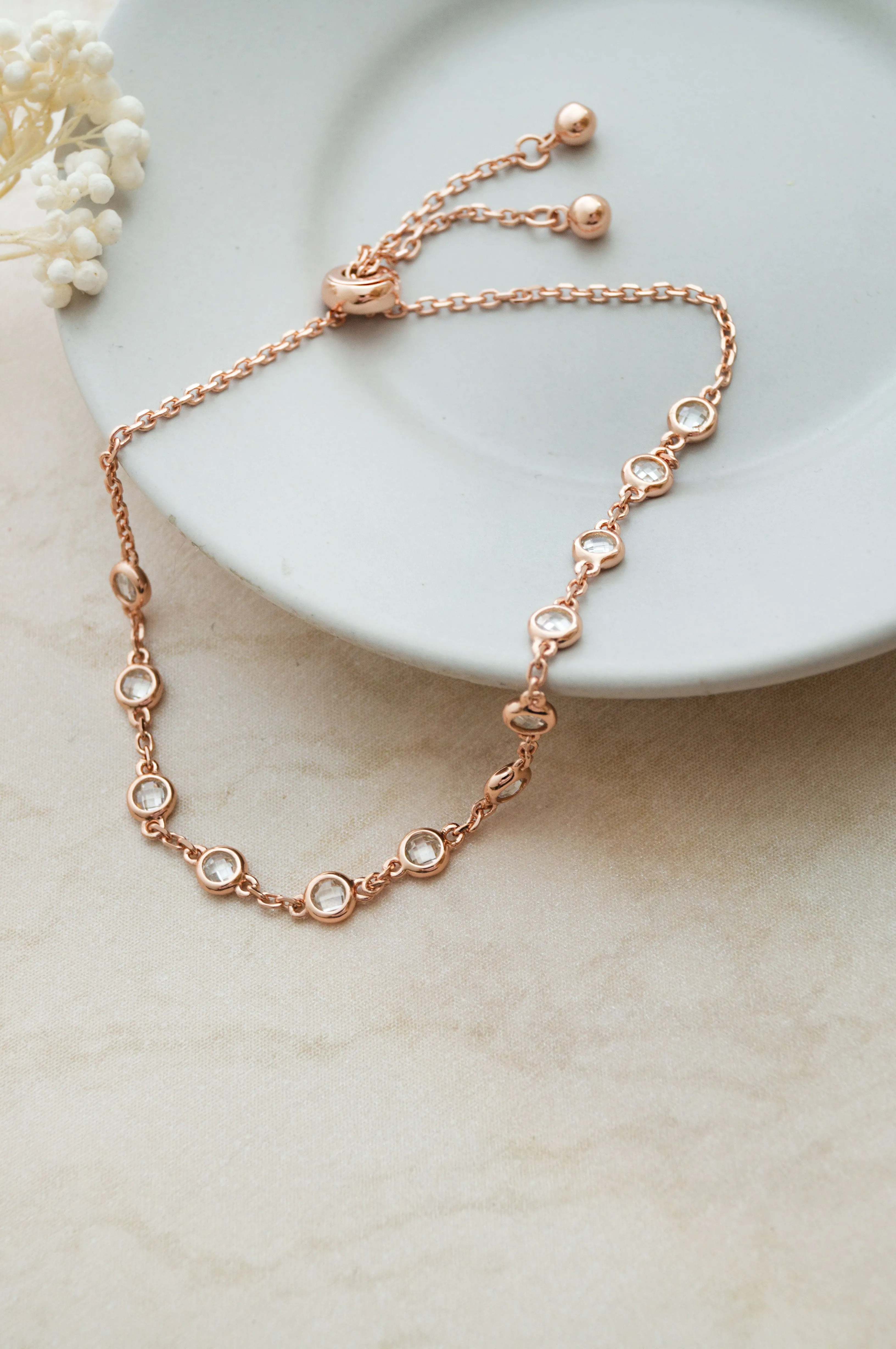 Stationed Shine Rose Gold Plated Sterling Silver Adjustable Bracelet