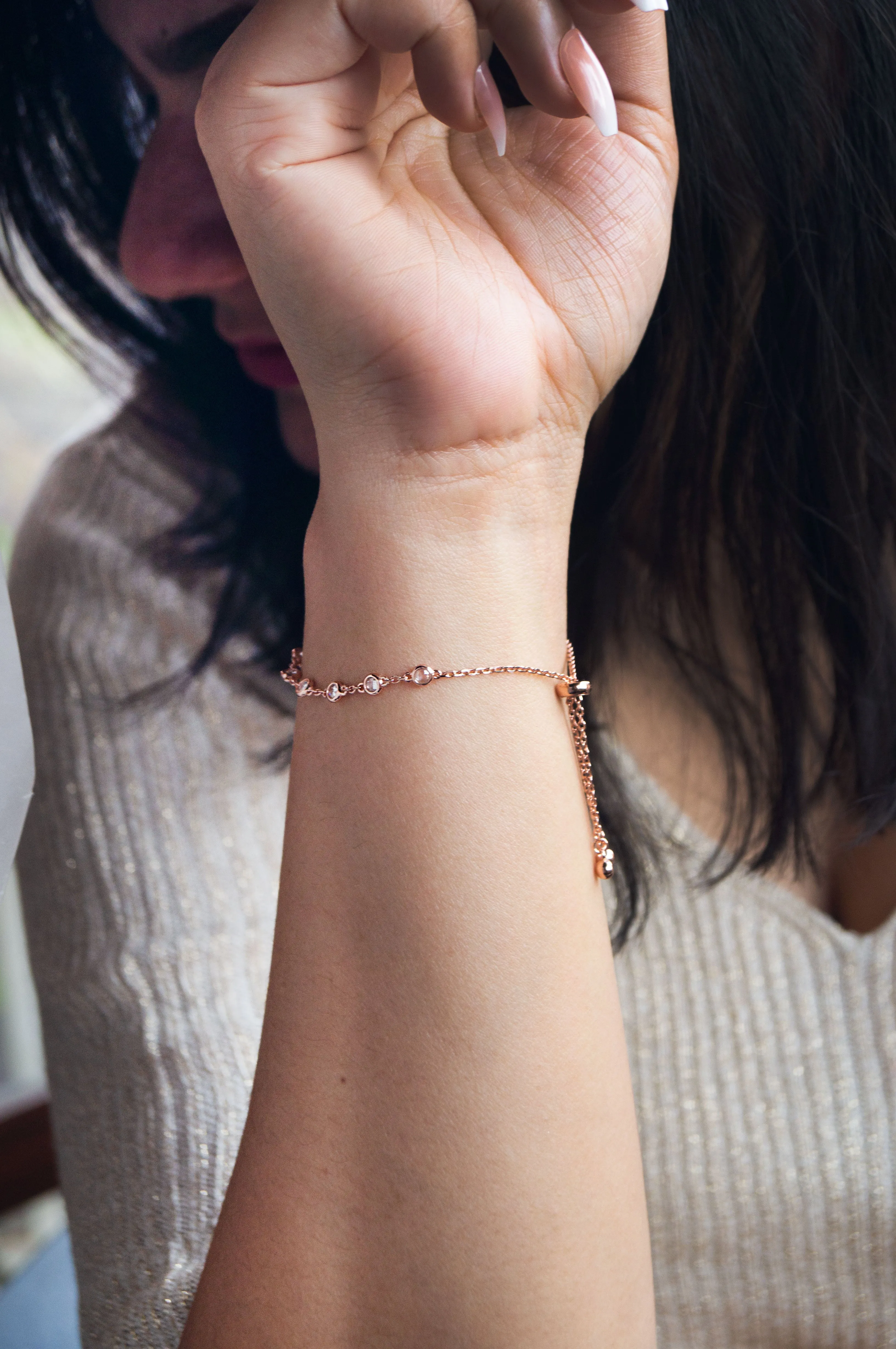 Stationed Shine Rose Gold Plated Sterling Silver Adjustable Bracelet