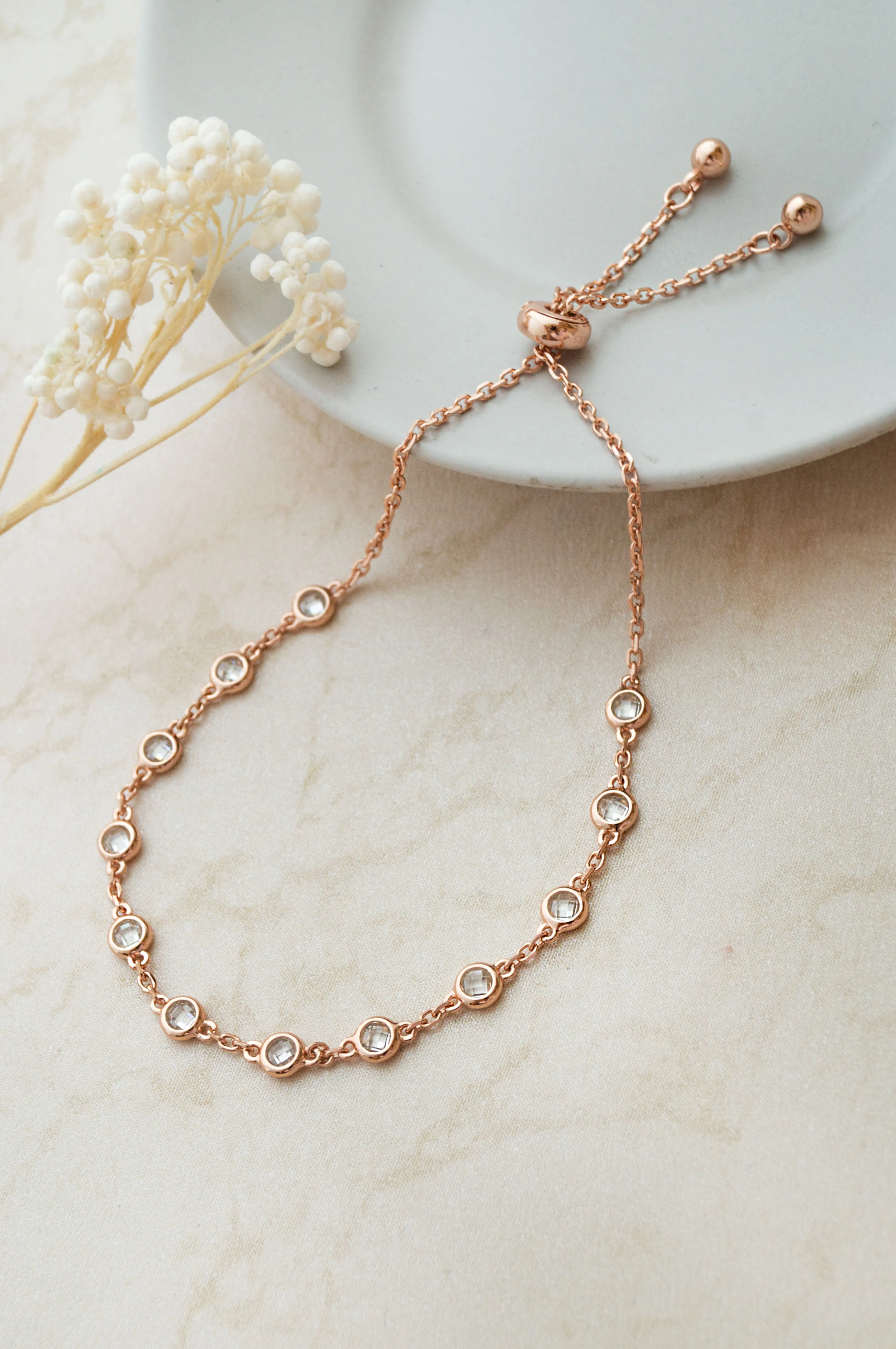 Stationed Shine Rose Gold Plated Sterling Silver Adjustable Bracelet