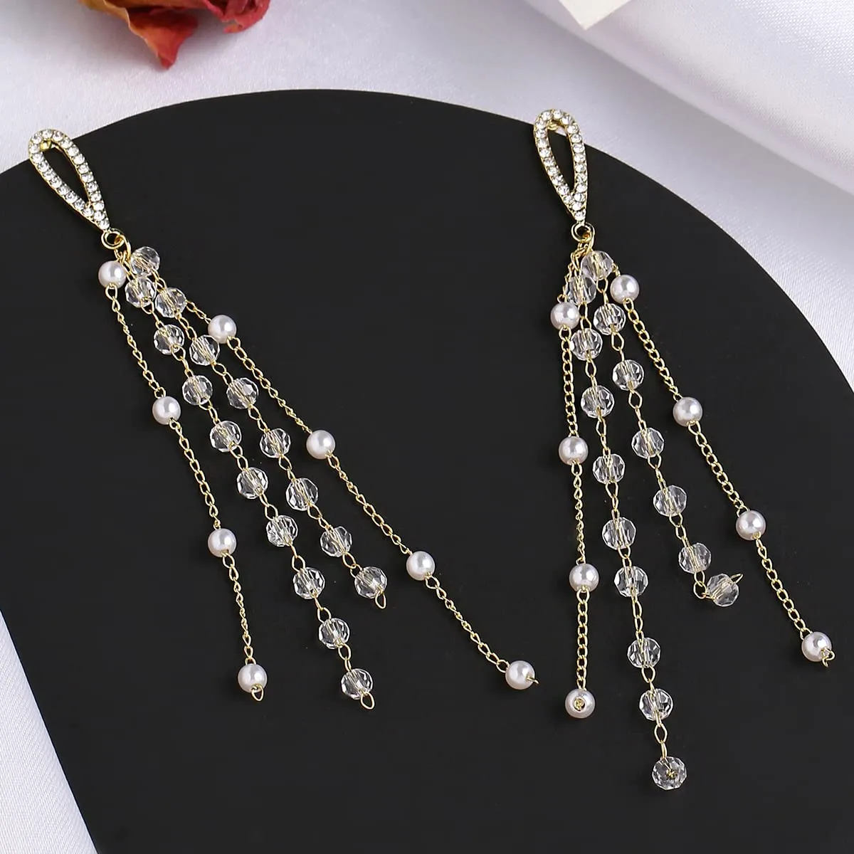 Yellow Chimes Earrings For Women Gold Tone Pearl Studded Teardrop Shape Stud With White Chandelier Tassel Dangler Earrings For Women and Girls